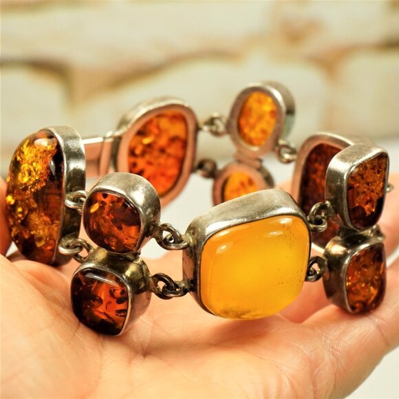 82g Rare Multi Amber and 925 Silver Heavy Link BRACELET - OOAK Gift For Her - Picture 14 of 16